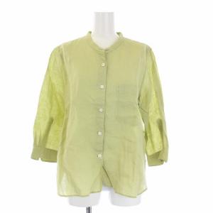 19SS FINE LINEN カラーレス ブラウス シャツ バンドカラー 七分袖 2 M 緑 グリーン