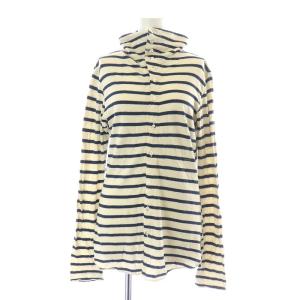 カットソー Tシャツ シャツ 長袖 ボーダー ハイネック 麻 リネン混 1 S ベージュ 紺 ネイビー