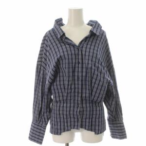 ENFOLD 19SS ブラウス シャツ チェック 抜き襟 ボリュームスリーブ 長袖 36 S 青 ブルー 白 ホワイト