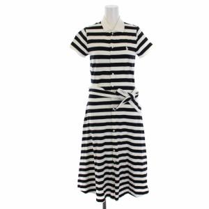 ポロワンピース 半袖 ロング ボーダー ロゴ刺繍 ベルト付き XS 白 ホワイト 黒 ブラック 211806101001