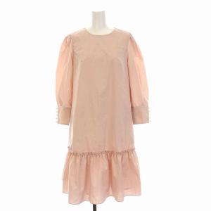 裾切替しタフタワンピース ひざ丈 パフスリーブ バックリボン パールボタン 長袖 38 M ピンク IT-211102-2