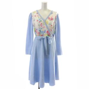 19SS ワンピース ひざ丈 長袖 ニット 切替 花柄 1 S 水色 ライトブルー 12S505