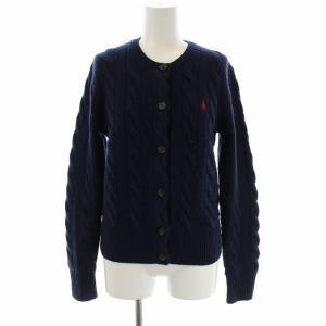 カーディガン ケーブルニット クルーネック 長袖 ワンポイント ウール カシミヤ混 XS 紺 ネイビー