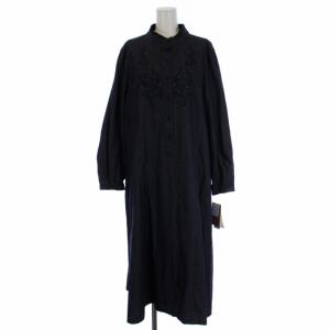 WHITE LABEL シャツワンピース 長袖 ロング フリル 刺繍 柄 大きいサイズ 17+ 4L 紺 ネイビー