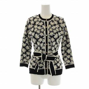 21SS フラワーＪＱニットカーディガン ニット クルーネック 七分袖 花柄 ベルト 36 S 黒 ブラック 白 ホワイト