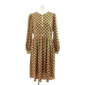 ワンピース ロング ミモレ フレア 長袖 ギャザー 総柄 パールボタン 2 S マルチカラー