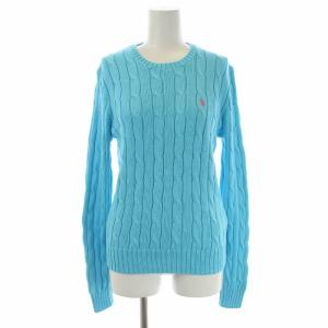 ケーブルニット セーター クルーネック プルオーバー 長袖 ワンポイント M 水色 ライトブルー