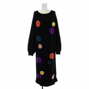 19AW フラワー刺繍ニットワンピース ロング 長袖 クルーネック ウール ナイロン 36 S 黒 ブラック 1943 3166-0
