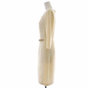 EPOCA ニットワンピース ひざ丈 ウール ツイード 切替 ビジューベルト 七分袖 40 M アイボリー