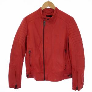 シングルライダースジャケット ジップアップ シープスキン パンチング L 赤 レッド