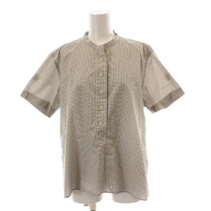 ブラウス シャツ 半袖 チェック プルオーバー バンドカラー 2 M 白 ホワイト 黒 ブラック