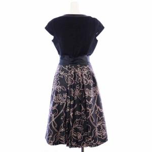 TO BE CHIC フレアワンピース ボートネック ひざ丈 半袖 ウール 柄切替 リボン 42 L 黒 ブラック ベージュ