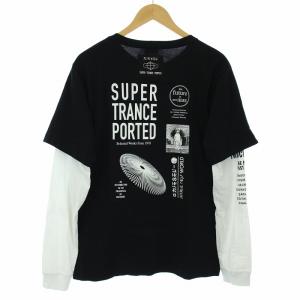 DIESEL Tシャツ カットソー ロンT 長袖 フェイクレイヤード プリント ロゴ M 黒 ブラック 白 ホワイト