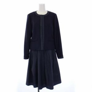 ORIGINAL スーツ セットアップ 上下 ツイードノーカラージャケット フレアスカート ひざ丈 9 M 紺 ネイビー
