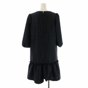 M'S GRACY 20SS フレアワンピース ひざ丈 Uネック 七分袖 総柄 フリル リボン 40 L 黒 ブラック 紺 ネイビー