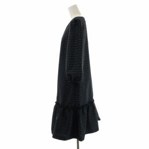 M'S GRACY 20SS フレアワンピース ひざ丈 Uネック 七分袖 総柄 フリル リボン 40 L 黒 ブラック 紺 ネイビー