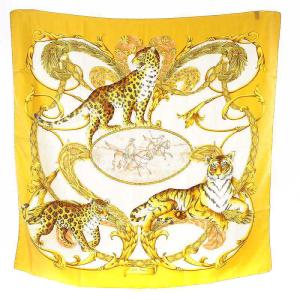 スカーフ 総柄 ヒョウ柄 レオパード シルク 黄色 イエロー