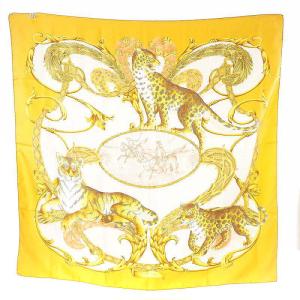 Salvatore Ferragamo スカーフ 総柄 ヒョウ柄 レオパード シルク 黄色 イエロー