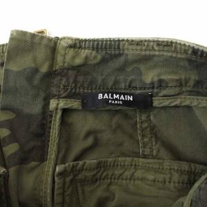 BALMAIN ミリタリー タイトスカート ひざ丈 迷彩 カモフラ 金ボタン 36 S カーキ