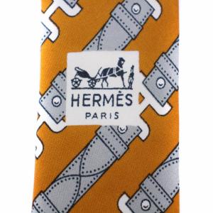 HERMES ネクタイ 総柄 シルク フランス製 オレンジ グレー