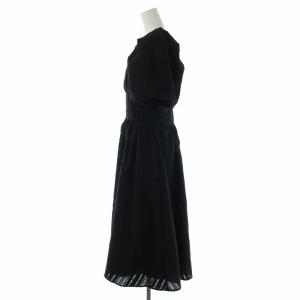 LANVIN en Bleu コットンギャザーワンピース ロング フレア 半袖 パフスリーブ Uネック 38 M 黒 ブラック 3146323