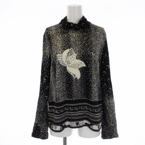 FASHION カットソー 長袖 ハイネック 総柄 ウール シルク 42 M 黒 ブラック 白 ホワイト