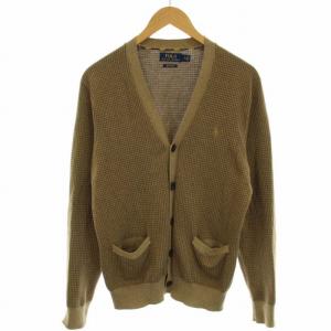 ニットカーディガン Vネック 長袖 千鳥格子柄 ポニー刺繍 コットン SP S ベージュ 茶 ブラウン