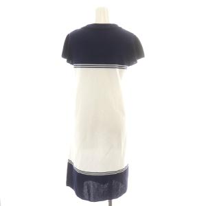 M'S GRACY ワンピース ひざ丈 フレア ニット 半袖 リボン 花 襟 38 M 白 ホワイト 紺 ネイビー