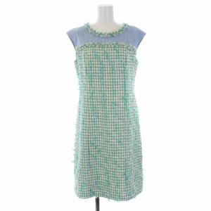 ノースリーブワンピース ひざ丈 ミックスツイード 切替 38 M 青 緑 ブルー グリーン