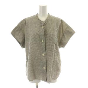 21SS バンドカラー ブラウス シャツ 半袖 チェック柄 麻混 リネン混 1 S 黒 ブラック 白 ホワイト 595-1152505