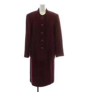 スーツ セットアップ 上下 ノーカラージャケット タイトスカート ひざ丈 ツイード ウール 11 L ボルドー