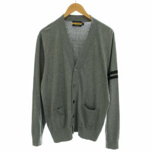 ニットカーディガン Vネック 長袖 ラインプリント ハイゲージ XL グレー 黒 ブラック
