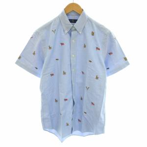 シャツ ボタンダウン 半袖 総柄 刺繍 M 水色 ライトブルー