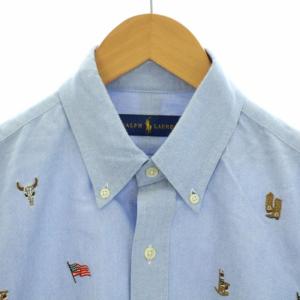 RALPH LAUREN シャツ ボタンダウン 半袖 総柄 刺繍 M 水色 ライトブルー