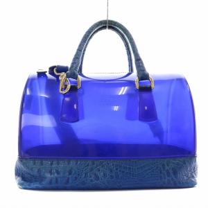 FURLA キャンディバッグ ハンドバッグ ショルダーバッグ 2Way ビニール クロコ型押しレザー クリア 青 ブルー