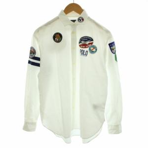 シャツ スタンダードカラー 長袖 ワッペン M 白 ホワイト 紺 ネイビー 赤 レッド