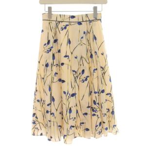 20SS スカート フレア プリーツ ひざ丈 花柄 チューリップ サテン 34 XS アイボリー 青 ブルー