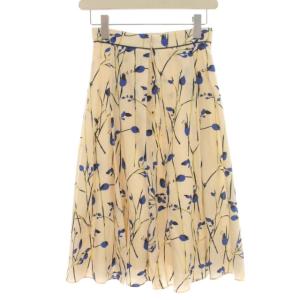 ANAYI 20SS スカート フレア プリーツ ひざ丈 花柄 チューリップ サテン 34 XS アイボリー 青 ブルー