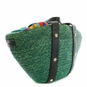 EMPORIO ARMANI かごバッグ ハンドバッグ ストロー 内布花柄 タッセル 緑 グリーン 黒 ブラック
