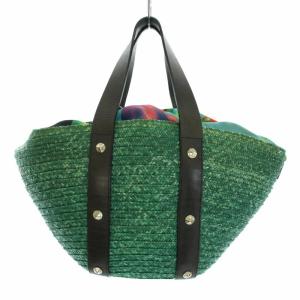 EMPORIO ARMANI かごバッグ ハンドバッグ ストロー 内布花柄 タッセル 緑 グリーン 黒 ブラック