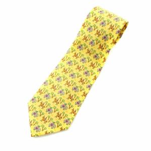 ネクタイ レギュラータイ 総柄 象 馬 ヤシの木 絹 シルク 黄 イエロー