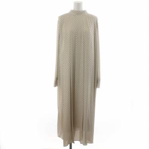 21AW 2wayプリントプリーツ ワンピース ボウタイ 総柄 ロング 長袖 38 M ベージュ 黒 ブラック