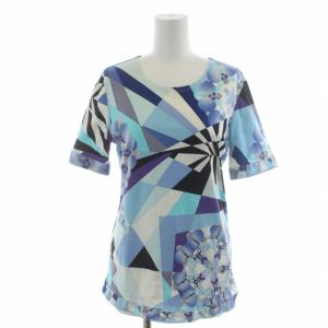 カットソー Tシャツ ラウンドネック プルオーバー 総柄 半袖 38 M 白 ホワイト 青 ブルー