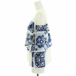 Diagram 20SS タイル刺繍トップ ブラウス シャツ プルオーバー 七分袖 タグ付き 38 M 白 ホワイト 青 ブルー 紺 ネイビー