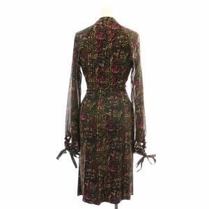 ISSA LONDON ワンピース ひざ丈 フレア 長袖 バルンスリーブ Vネック リボンベルト 総柄 絹 シルク シアー シースルー 2 S カーキ