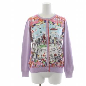 カーディガン ニット プリント柄 クルーネック 長袖 F 紫 パープル