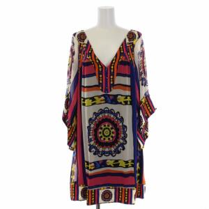 ワンピース ミニ丈 五分袖 Vネック 総柄 シルク 4 XL マルチカラー