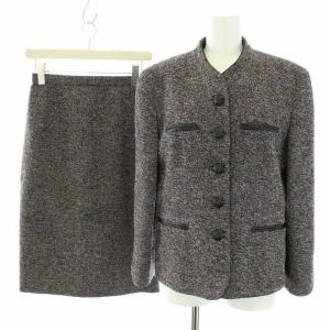 スーツ セットアップ 上下 ツイードジャケット ノーカラー スカート ひざ丈 タイト ウール 9 M 黒 ブラック 紫 パープル