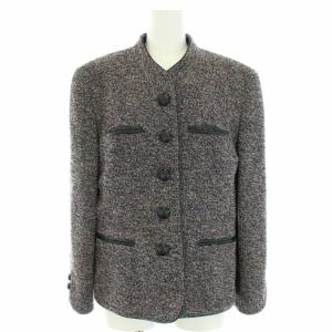 Leilian スーツ セットアップ 上下 ツイードジャケット ノーカラー スカート ひざ丈 タイト ウール 9 M 黒 ブラック 紫 パープル