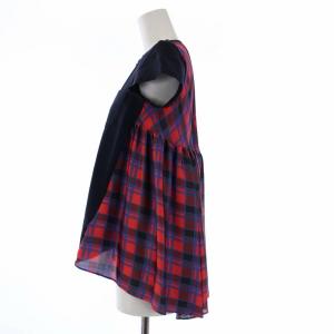 sacai 18年製 カットソー チュニック 半袖 チェック 切替 1 S 紺 赤 ネイビー レッド 18-03870